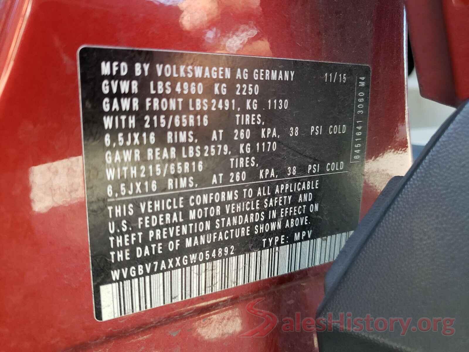 WVGBV7AXXGW054892 2016 VOLKSWAGEN TIGUAN