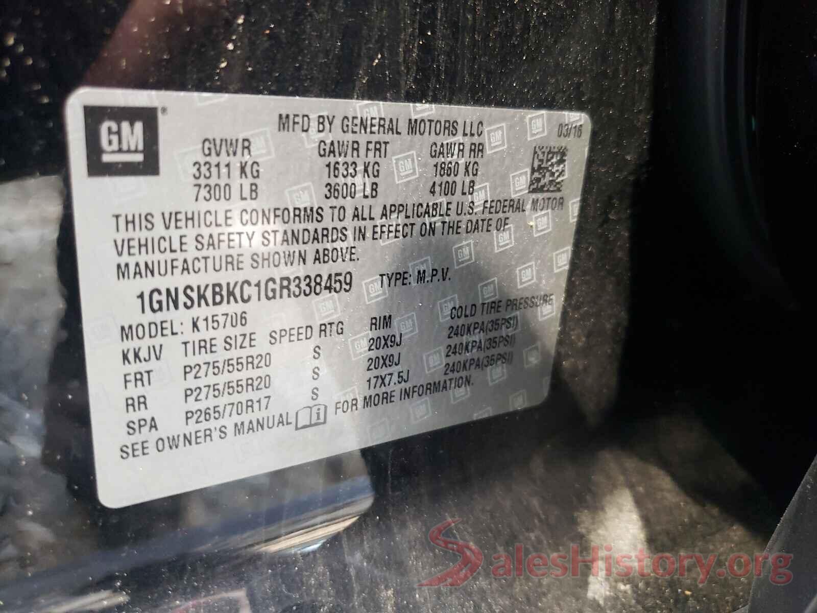 1GNSKBKC1GR338459 2016 CHEVROLET TAHOE