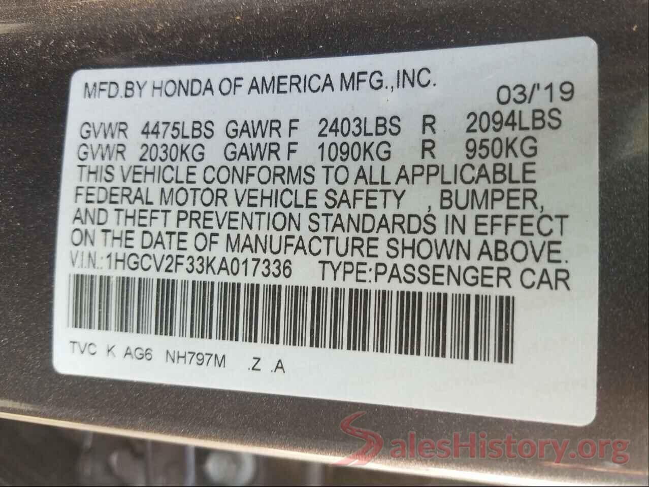 1HGCV2F33KA017336 2019 HONDA ACCORD