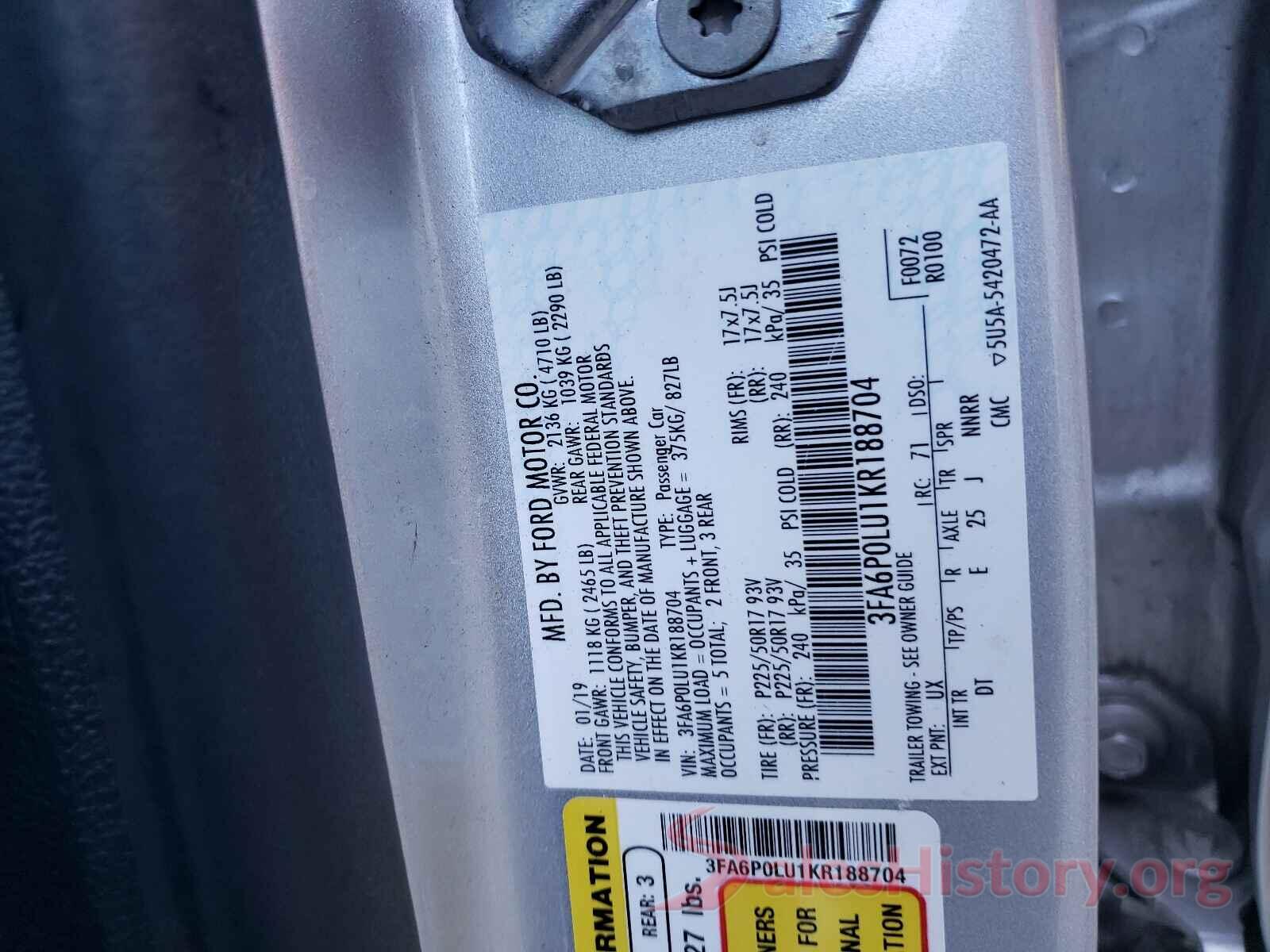 3FA6P0LU1KR188704 2019 FORD FUSION