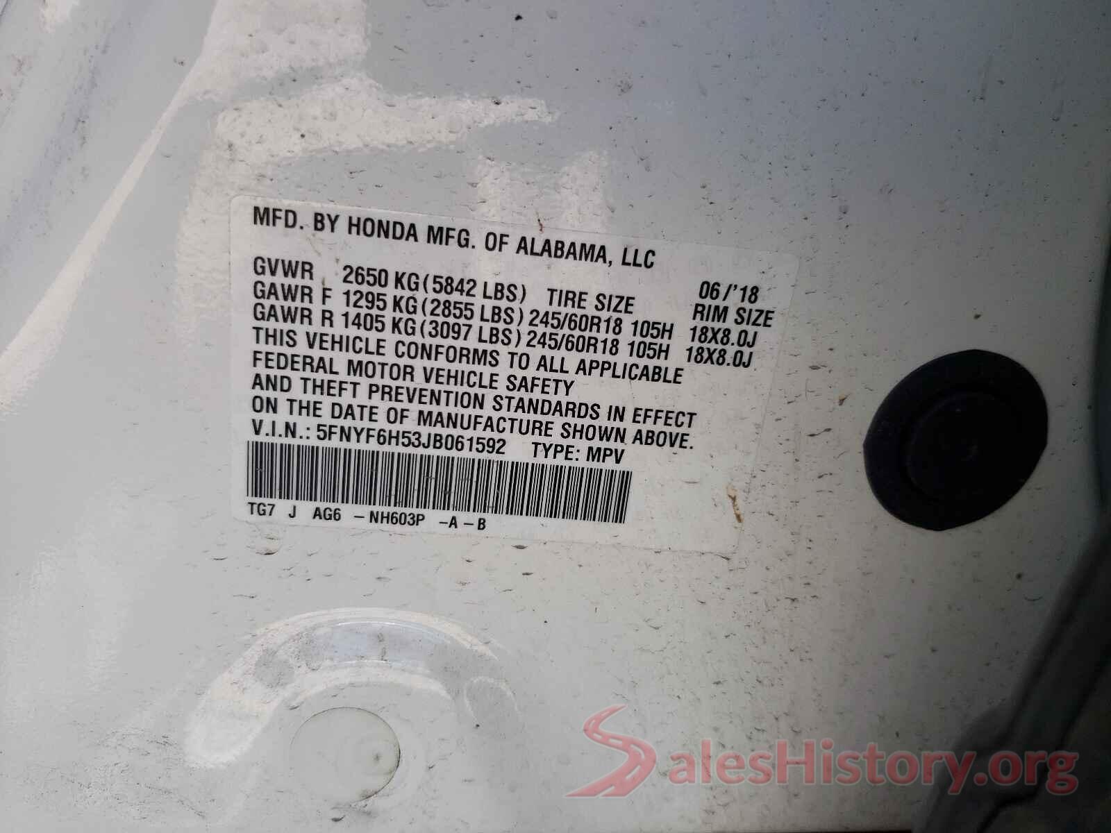 5FNYF6H53JB061592 2018 HONDA PILOT