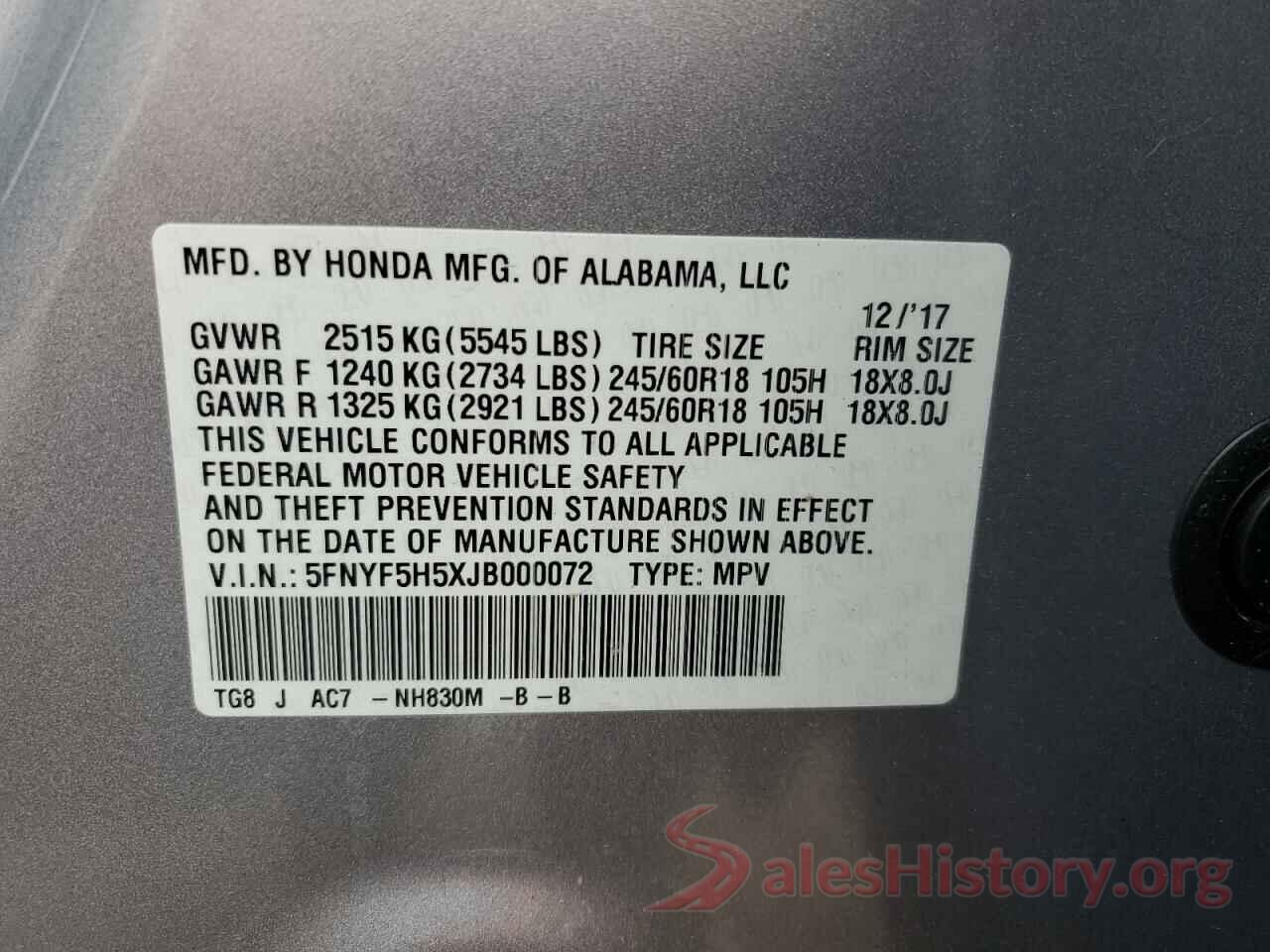 5FNYF5H5XJB000072 2018 HONDA PILOT