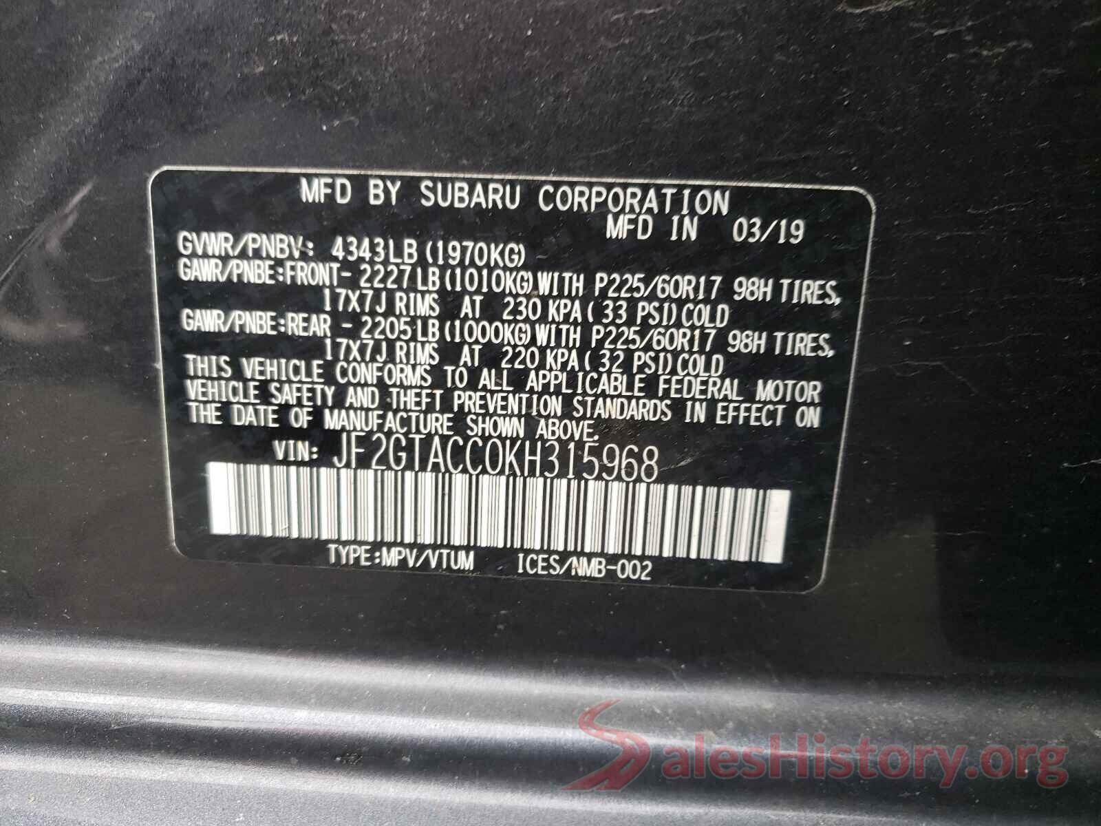 JF2GTACC0KH315968 2019 SUBARU CROSSTREK