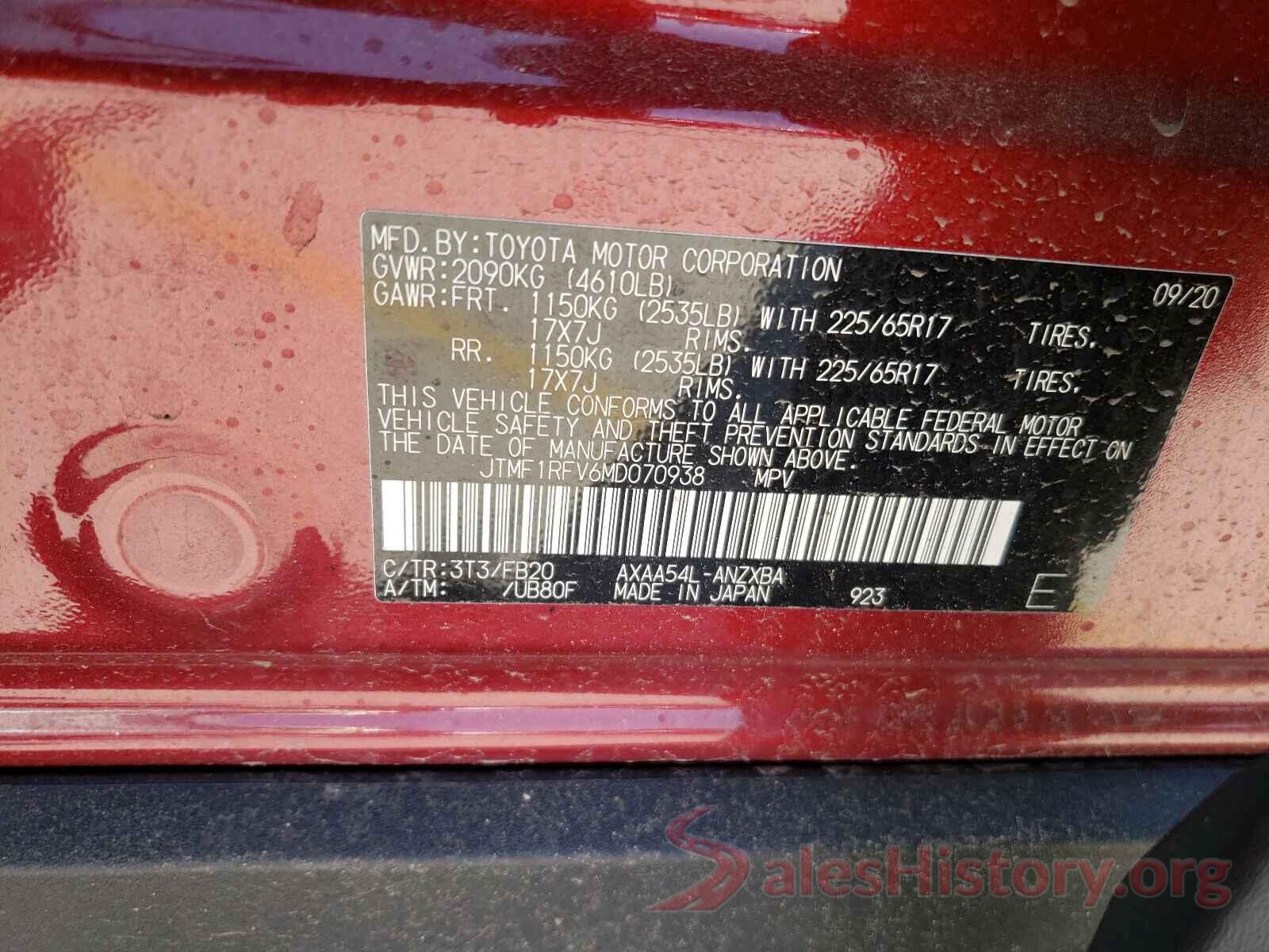 JTMF1RFV6MD070938 2021 TOYOTA RAV4