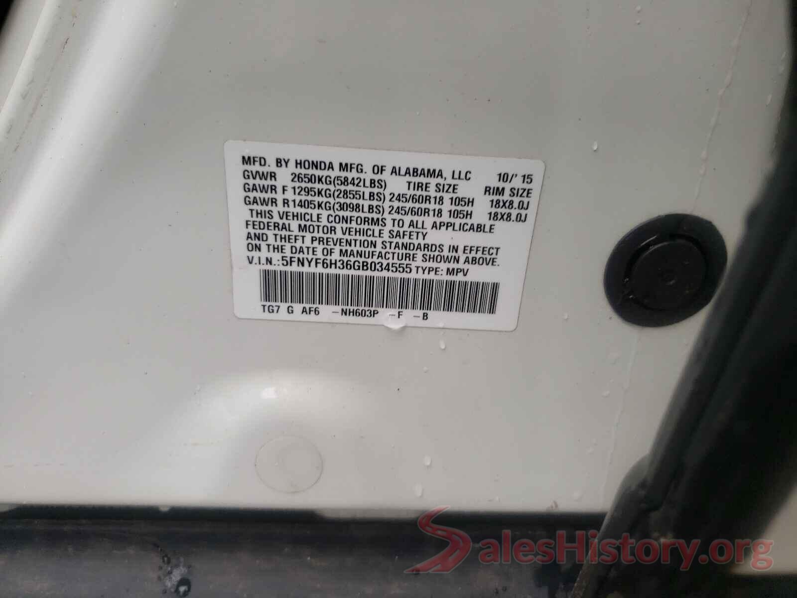 5FNYF6H36GB034555 2016 HONDA PILOT