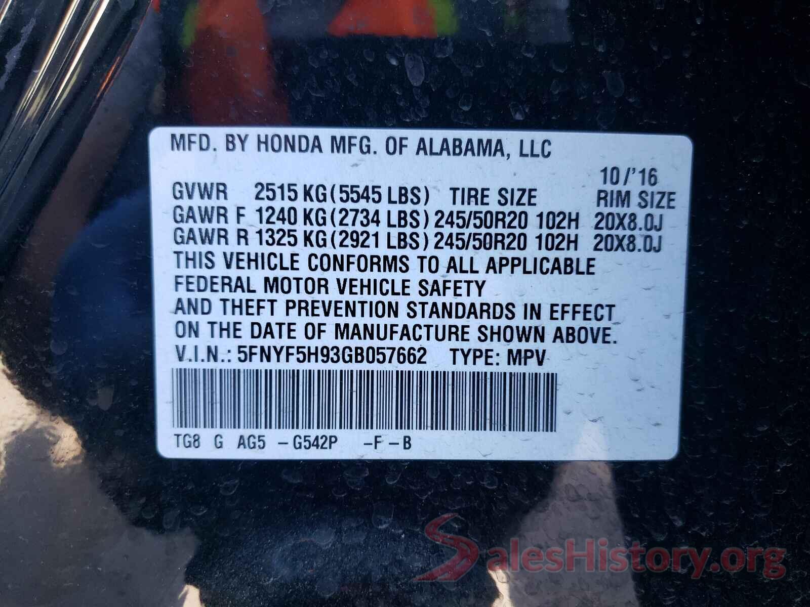 5FNYF5H93GB057662 2016 HONDA PILOT