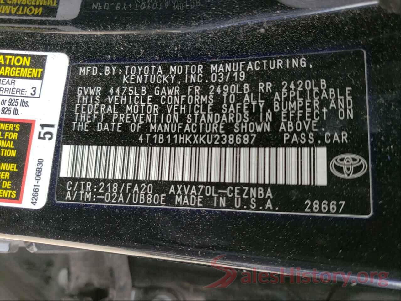 4T1B11HKXKU238687 2019 TOYOTA CAMRY