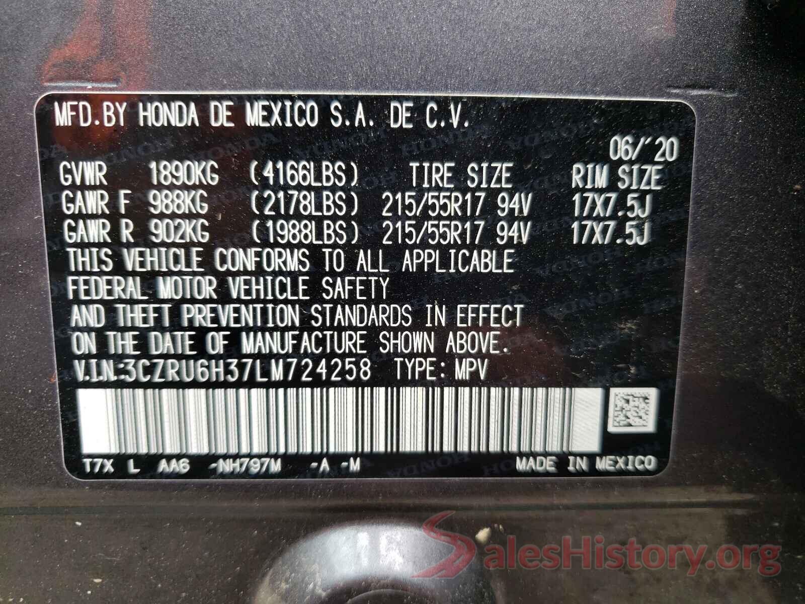 3CZRU6H37LM724258 2020 HONDA HR-V