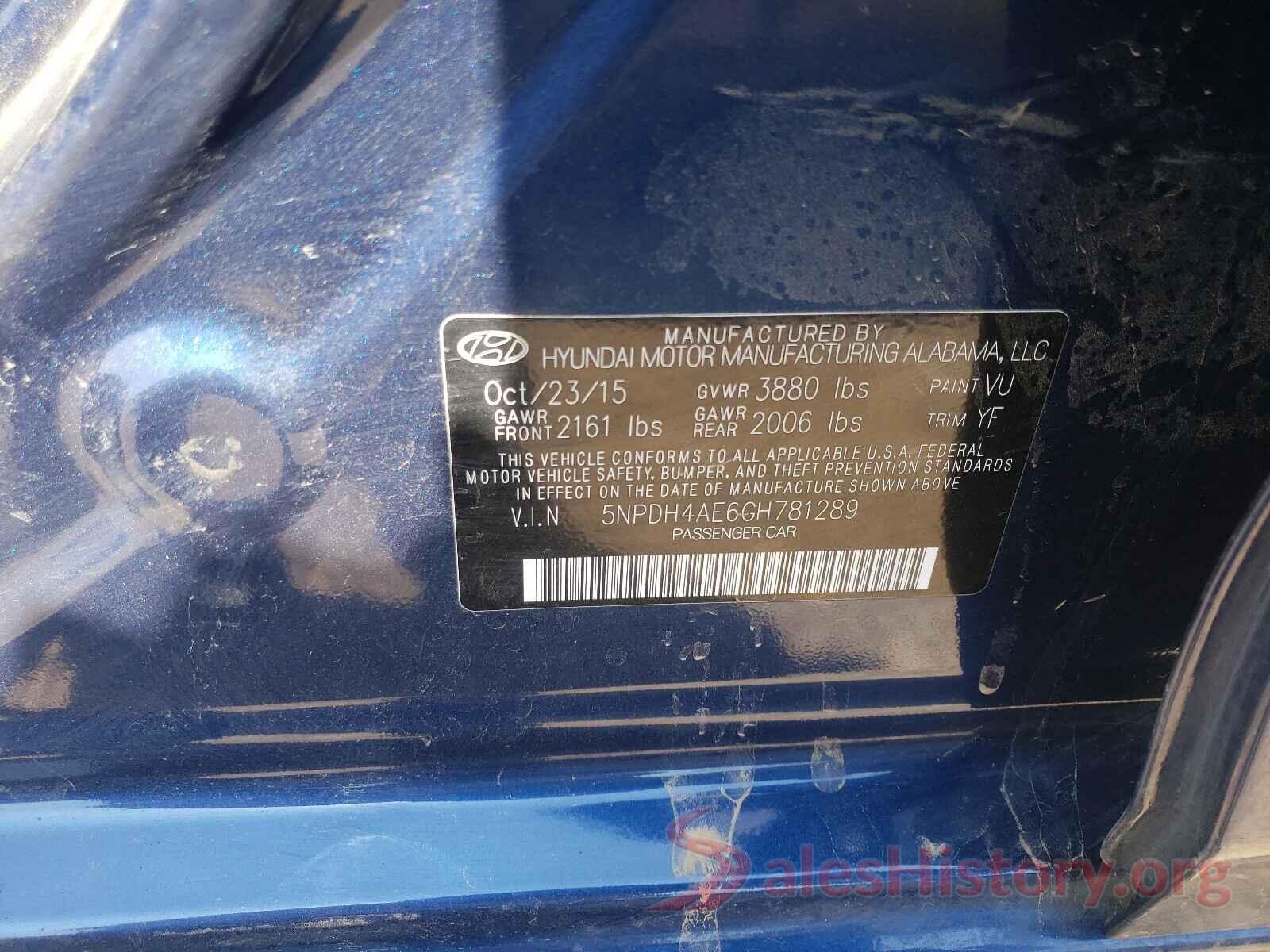 5NPDH4AE6GH781289 2016 HYUNDAI ELANTRA