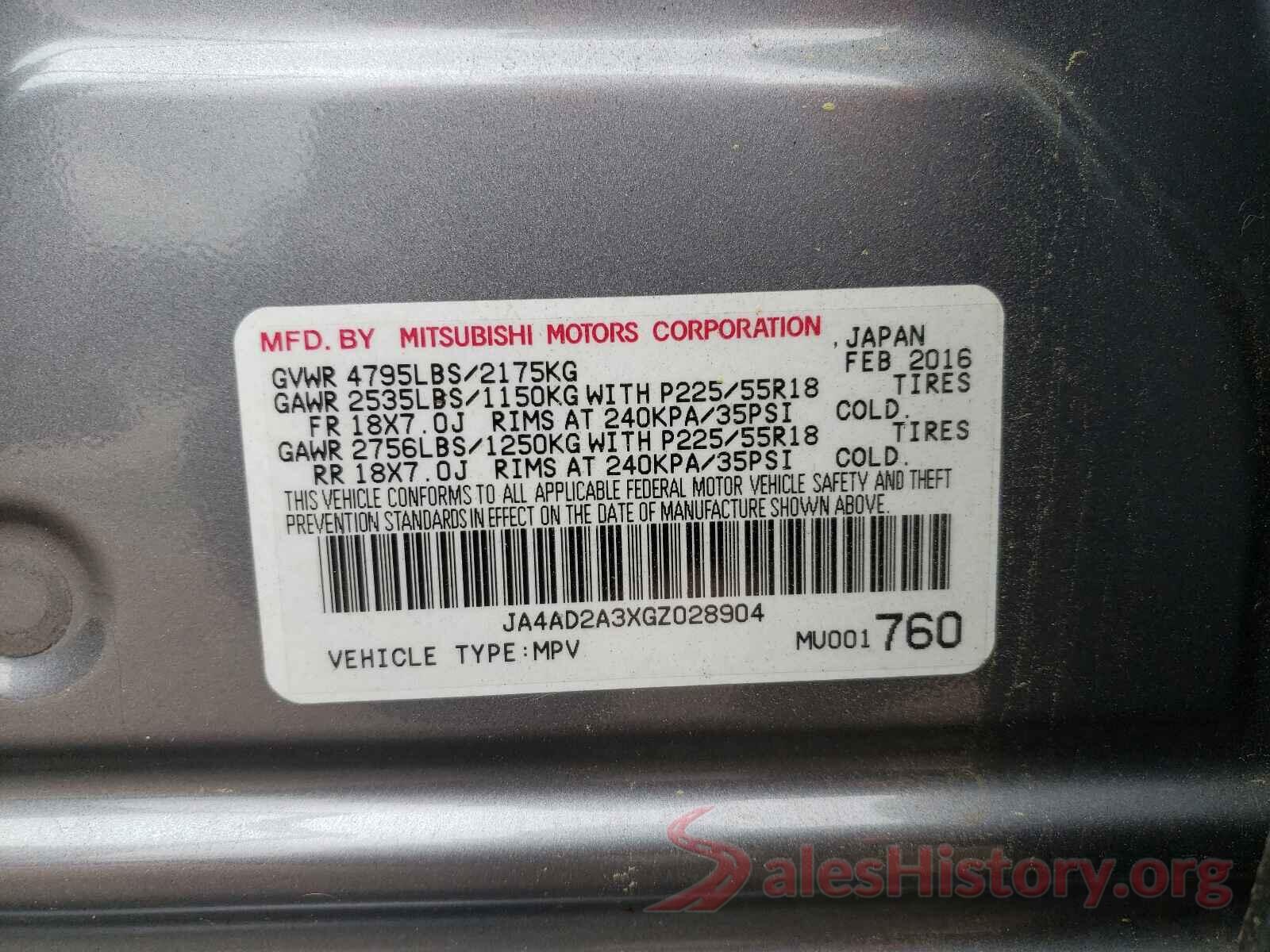 JA4AD2A3XGZ028904 2016 MITSUBISHI OUTLANDER