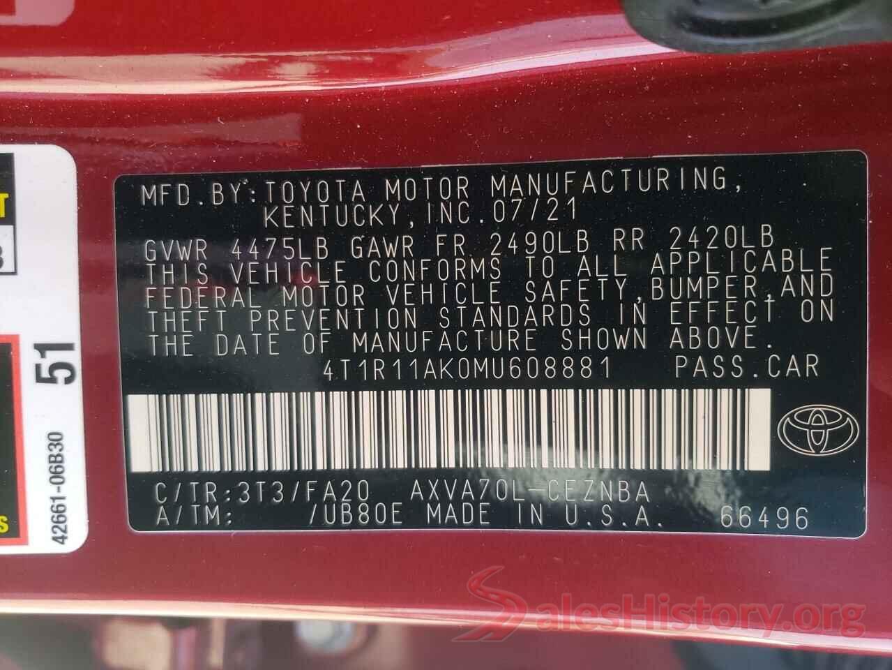 4T1R11AK0MU608881 2021 TOYOTA CAMRY