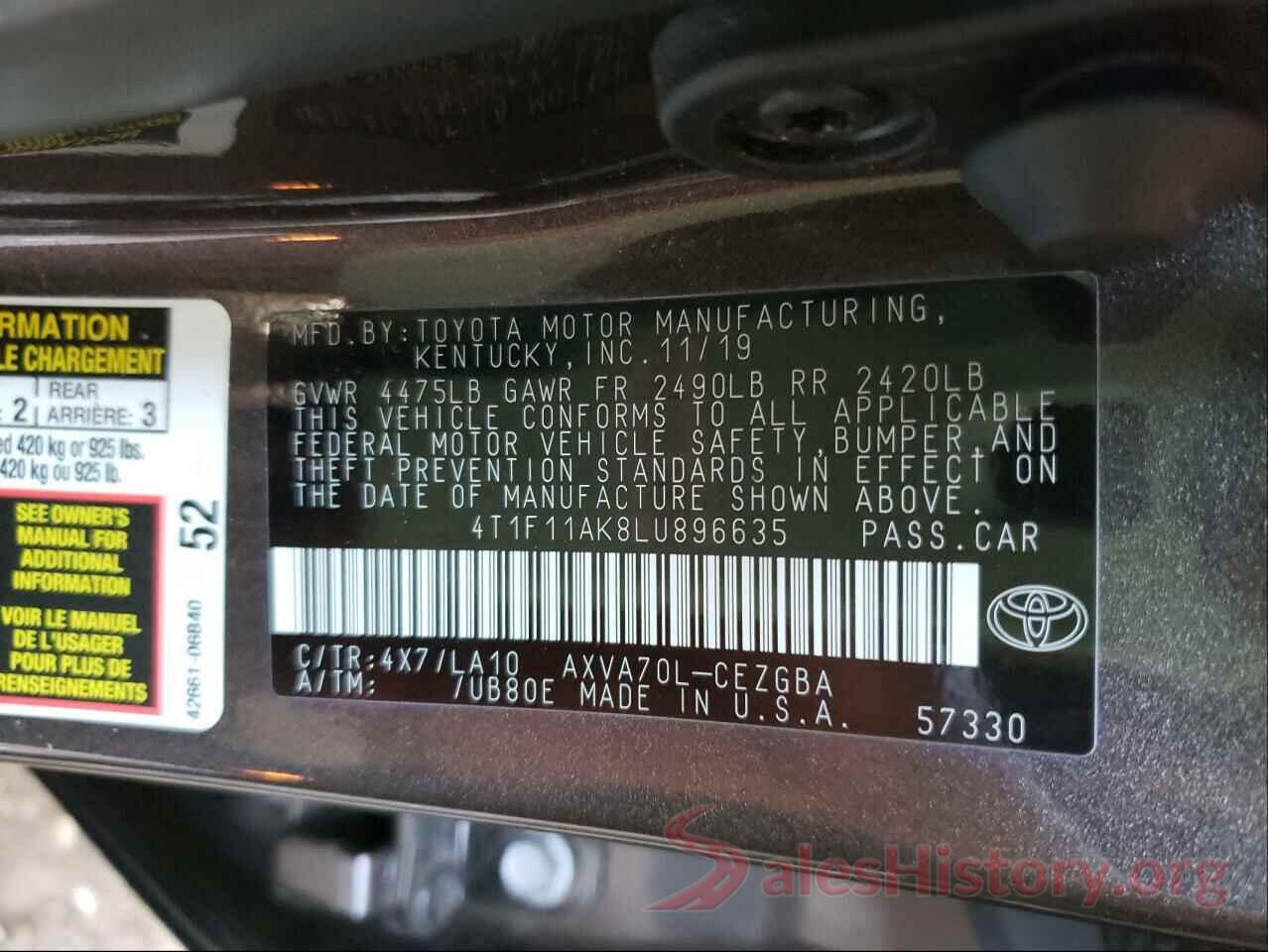 4T1F11AK8LU896635 2020 TOYOTA CAMRY