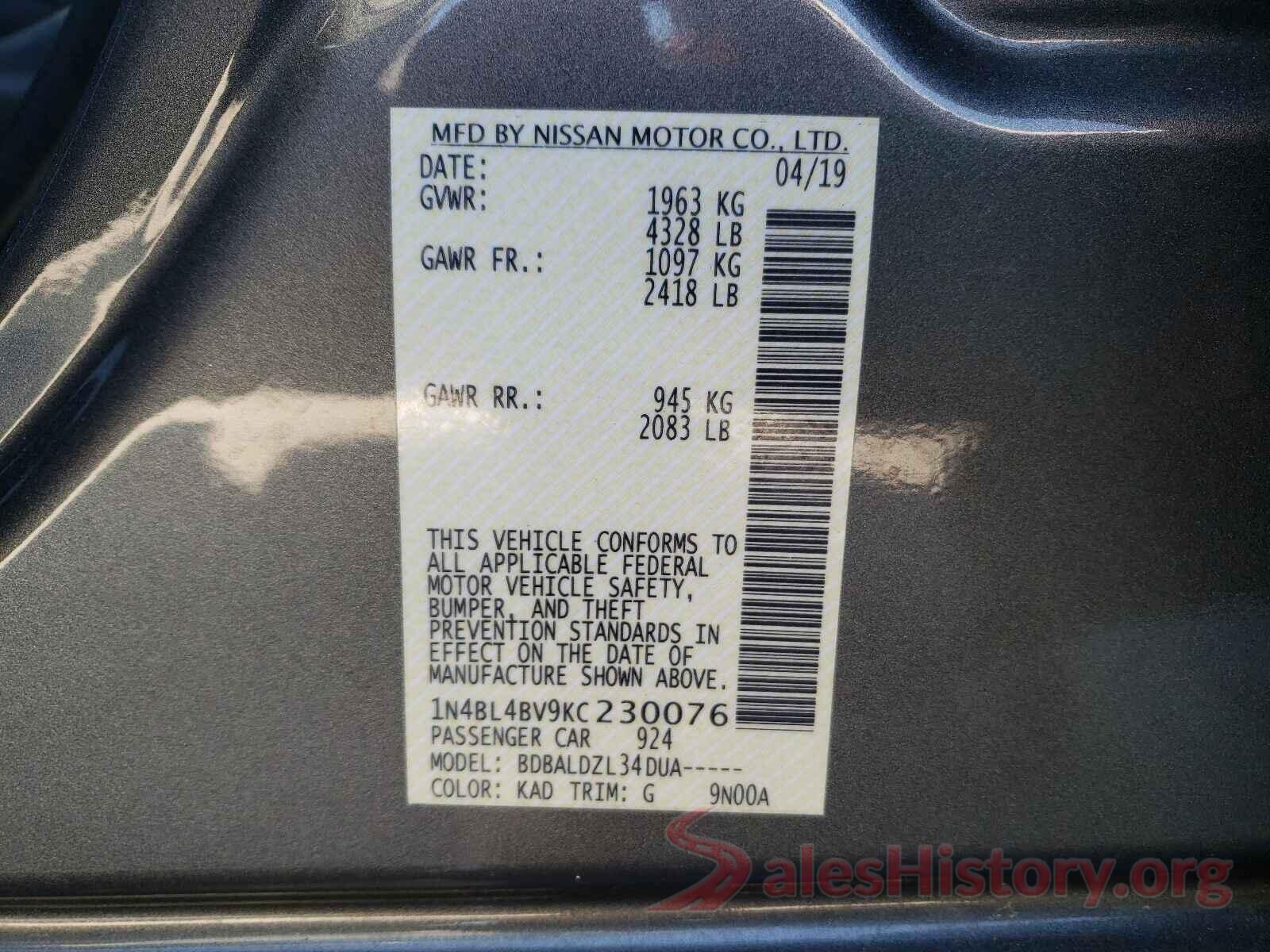 1N4BL4BV9KC230076 2019 NISSAN ALTIMA