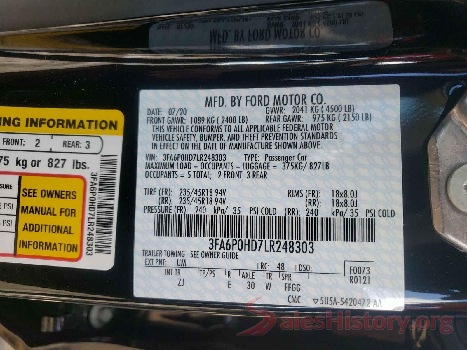 3FA6P0HD7LR248303 2020 FORD FUSION