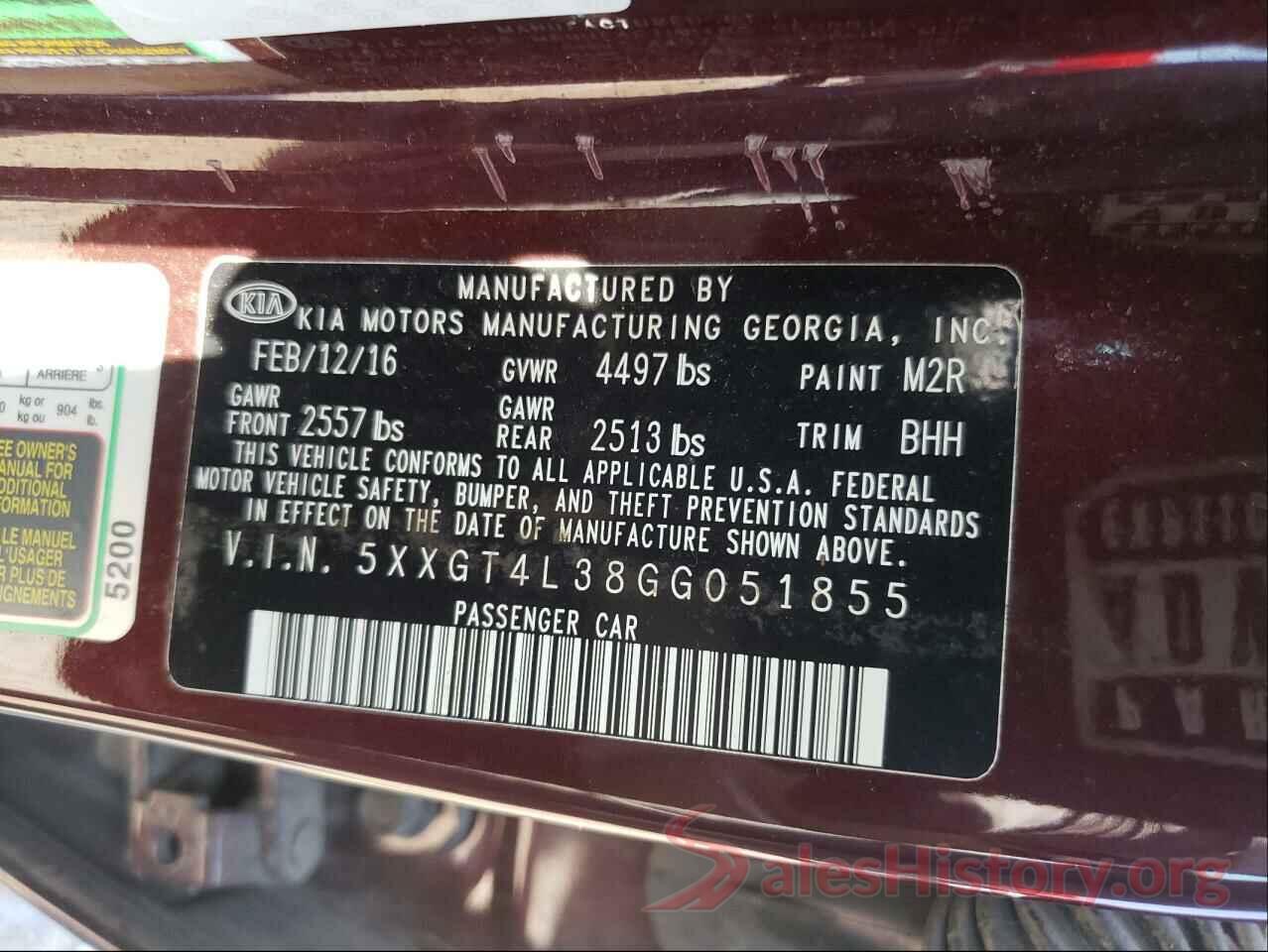 5XXGT4L38GG051855 2016 KIA OPTIMA