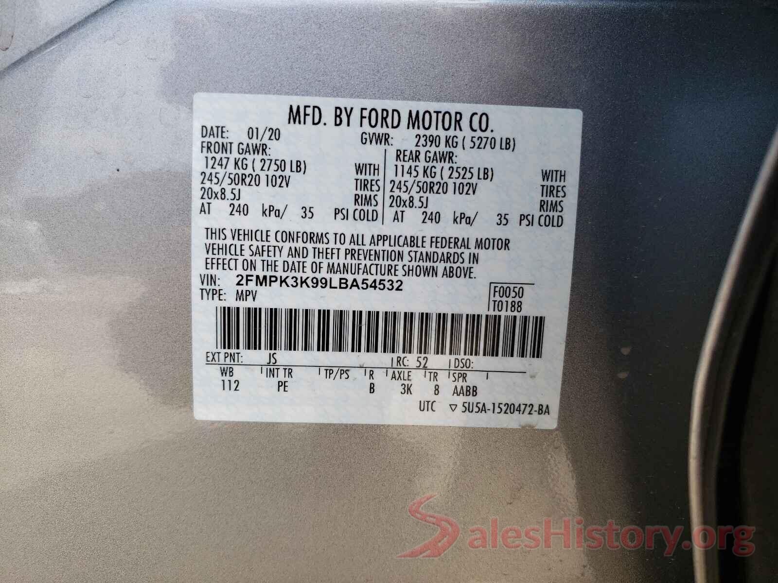 2FMPK3K99LBA54532 2020 FORD EDGE