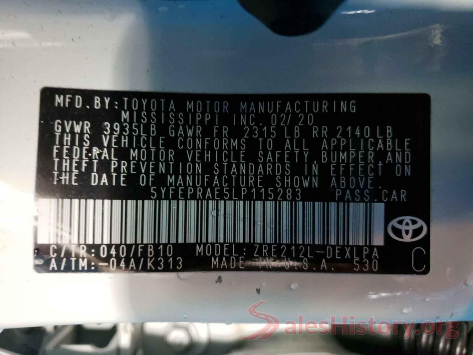 5YFEPRAE5LP115283 2020 TOYOTA COROLLA