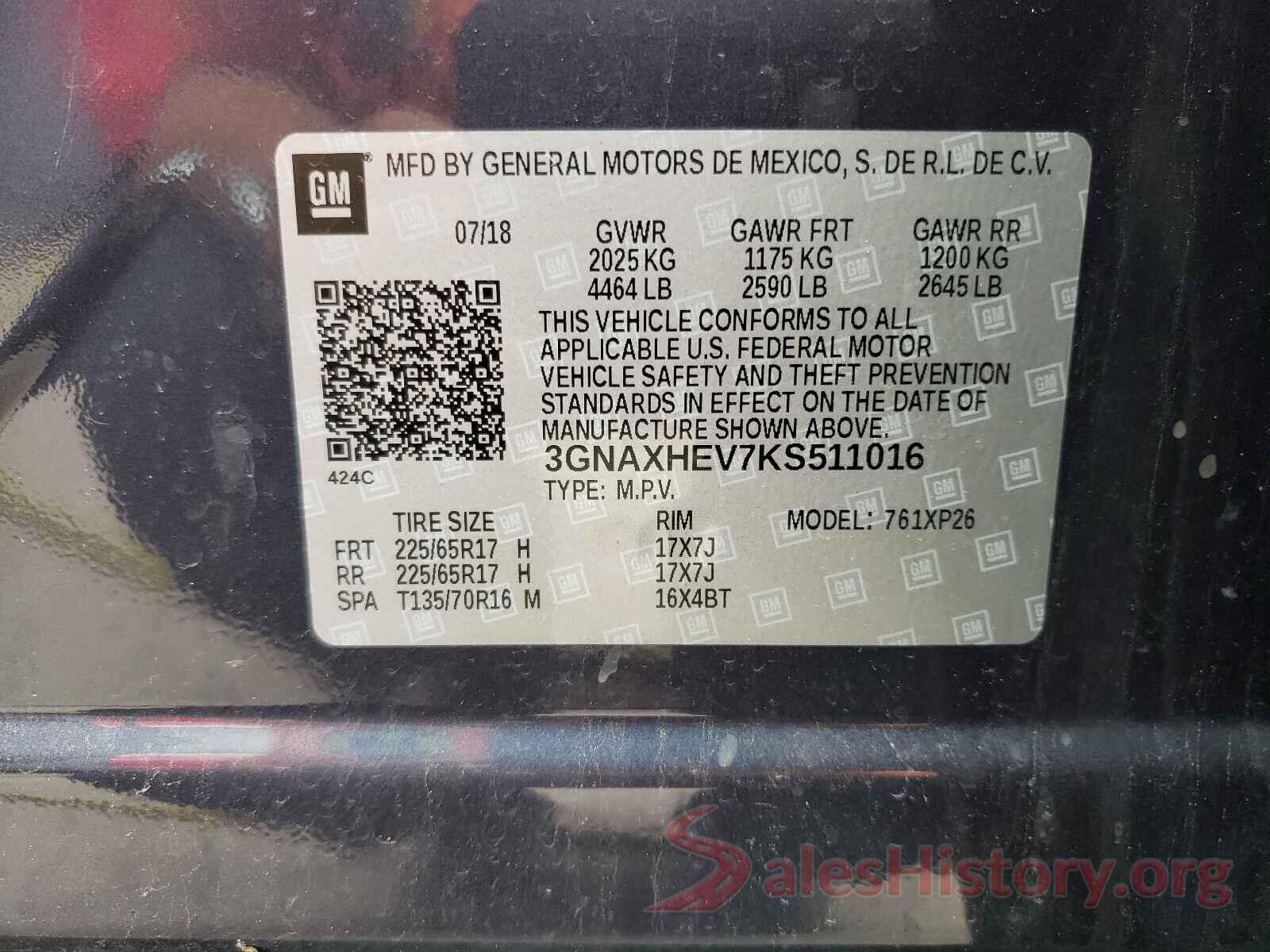 3GNAXHEV7KS511016 2019 CHEVROLET EQUINOX