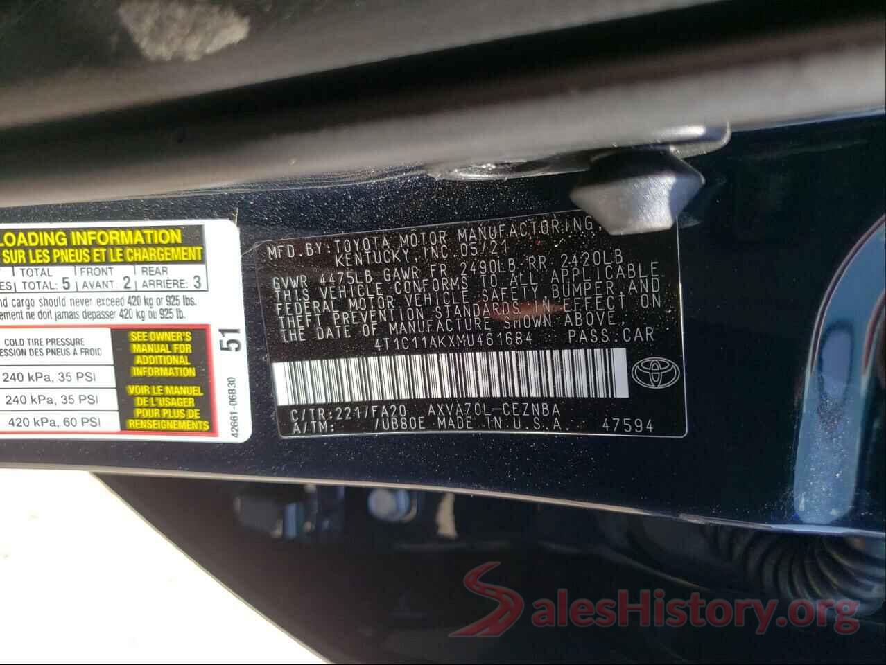 4T1C11AKXMU461684 2021 TOYOTA CAMRY