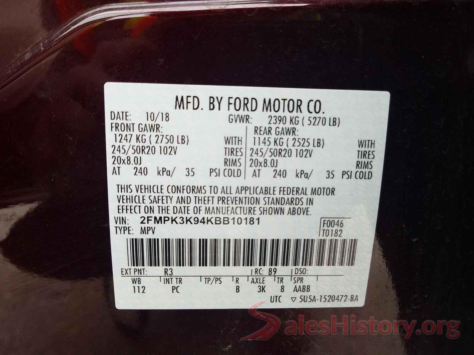 2FMPK3K94KBB10181 2019 FORD EDGE