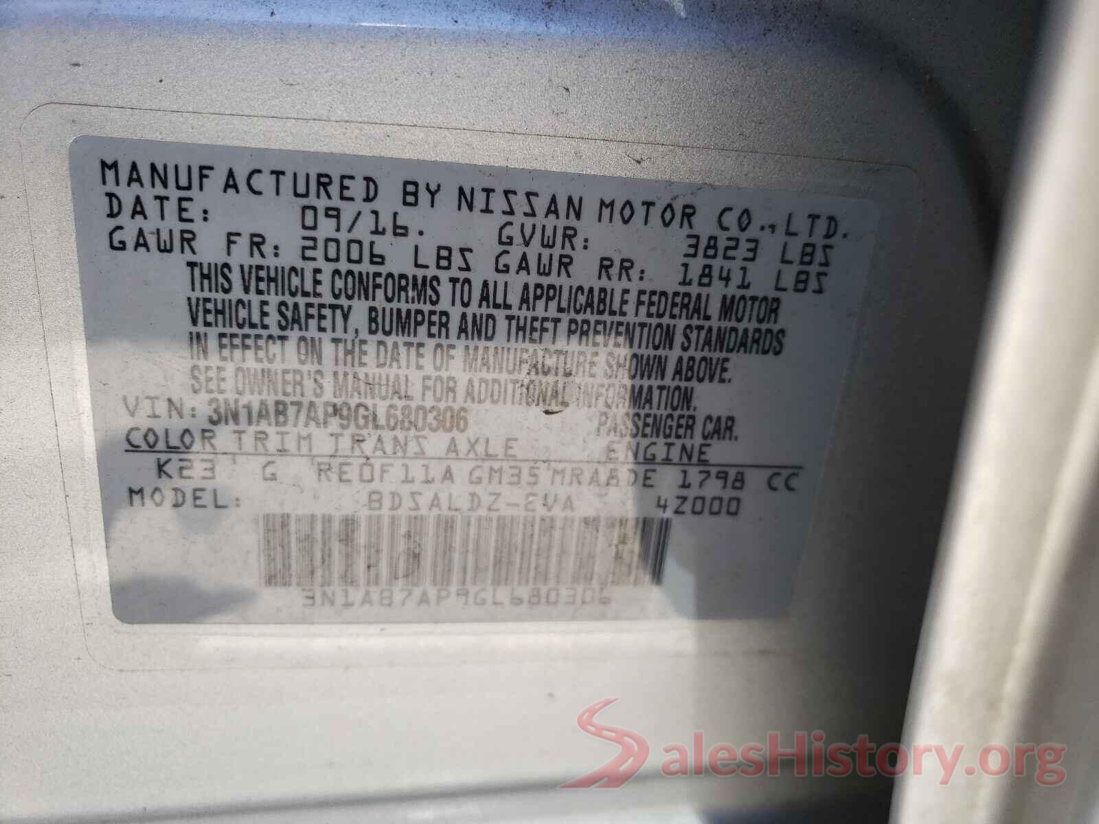 3N1AB7AP9GL680306 2016 NISSAN SENTRA