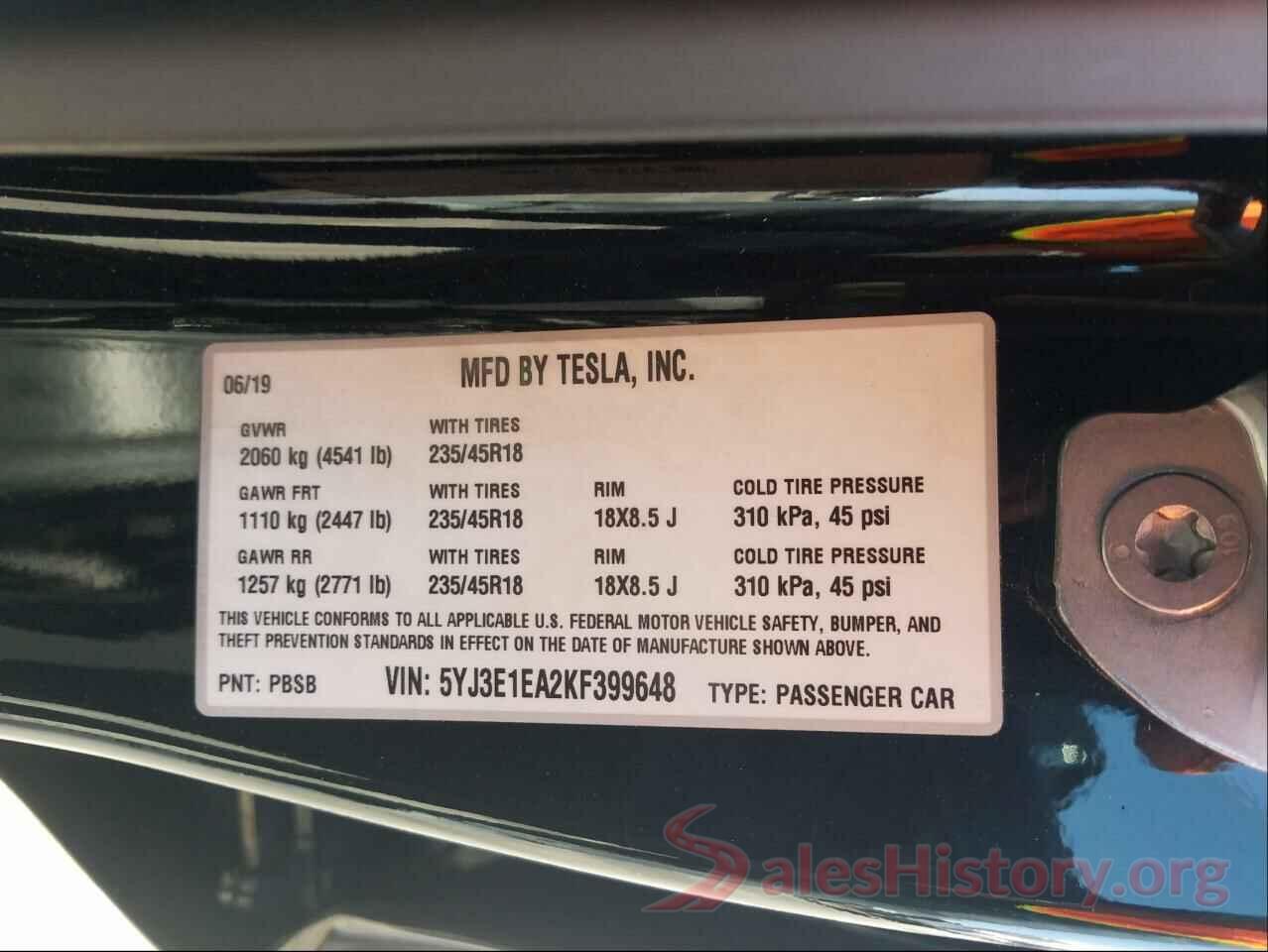 5YJ3E1EA2KF399648 2019 TESLA MODEL 3