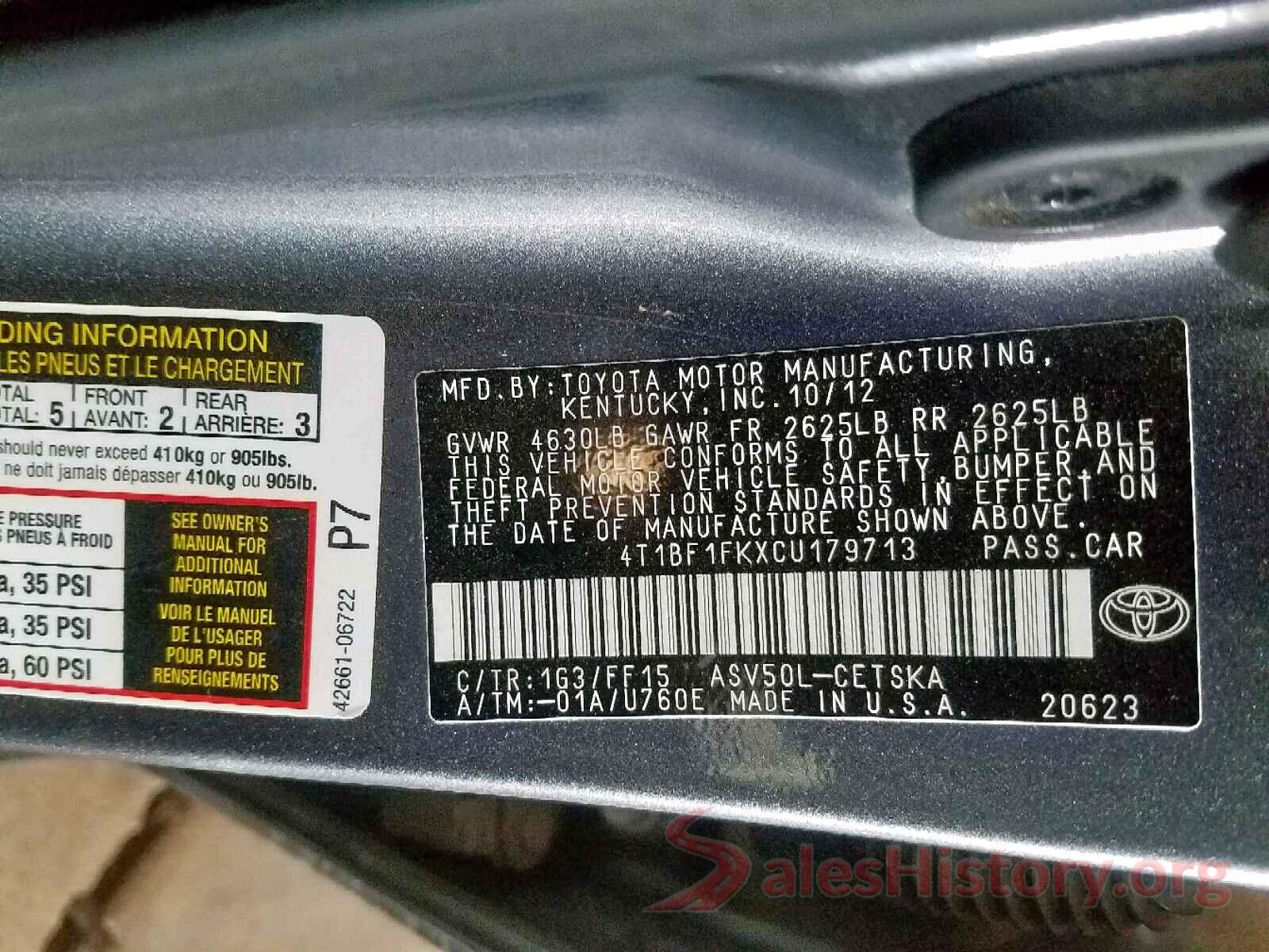 4T1BF1FKXCU179713 2012 TOYOTA CAMRY BASE