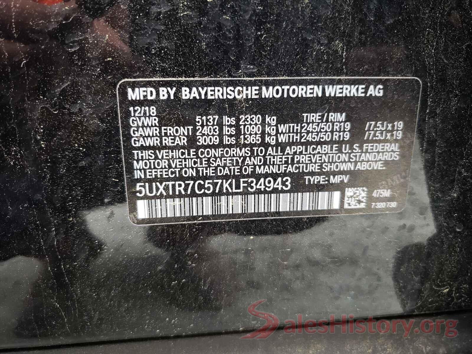 5UXTR7C57KLF34943 2019 BMW X3