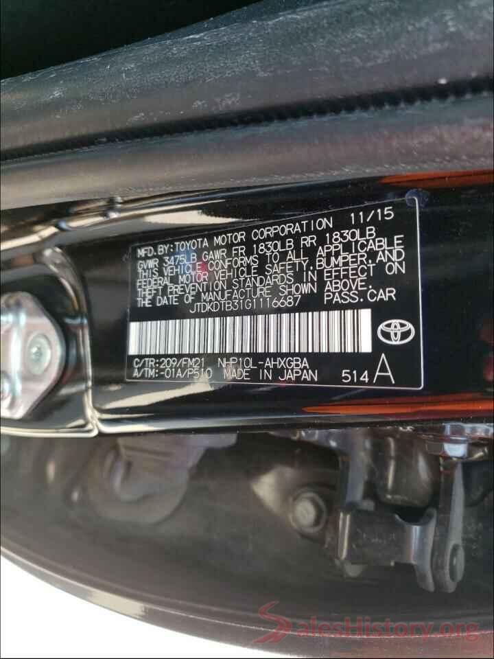 JTDKDTB31G1116687 2016 TOYOTA PRIUS