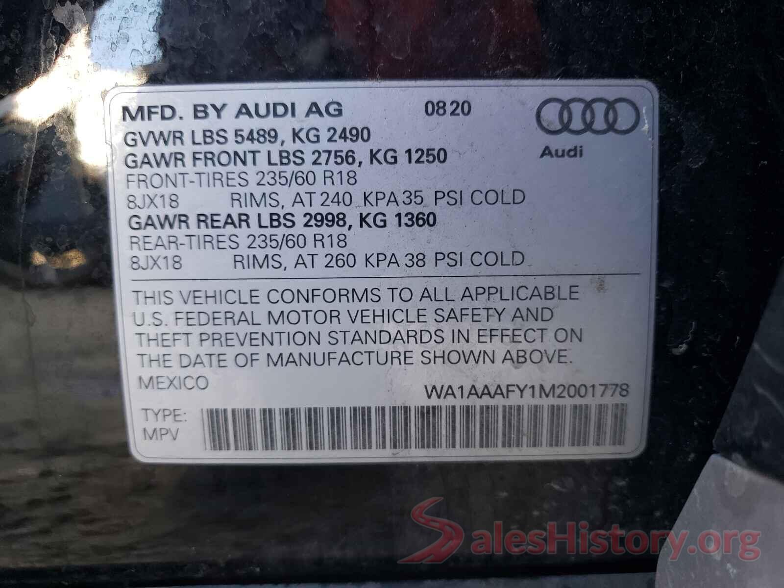 WA1AAAFY1M2001778 2021 AUDI Q5