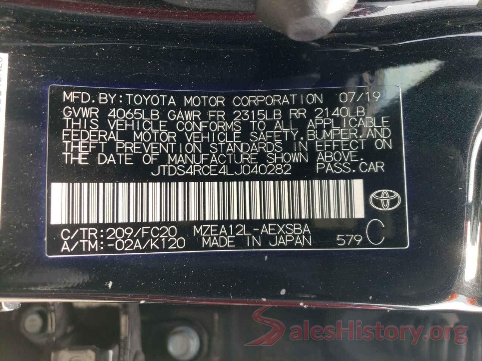 JTDS4RCE4LJ040282 2020 TOYOTA COROLLA