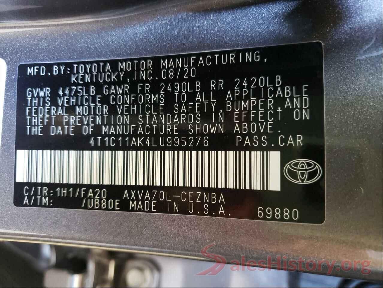 4T1C11AK4LU995276 2020 TOYOTA CAMRY