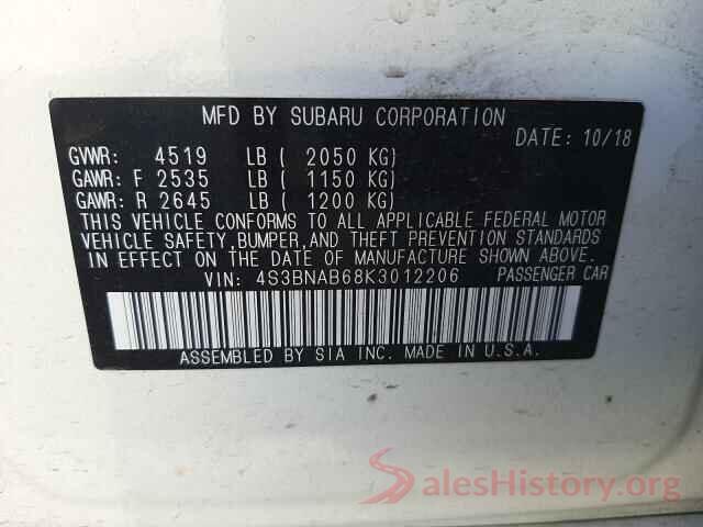 4S3BNAB68K3012206 2019 SUBARU LEGACY