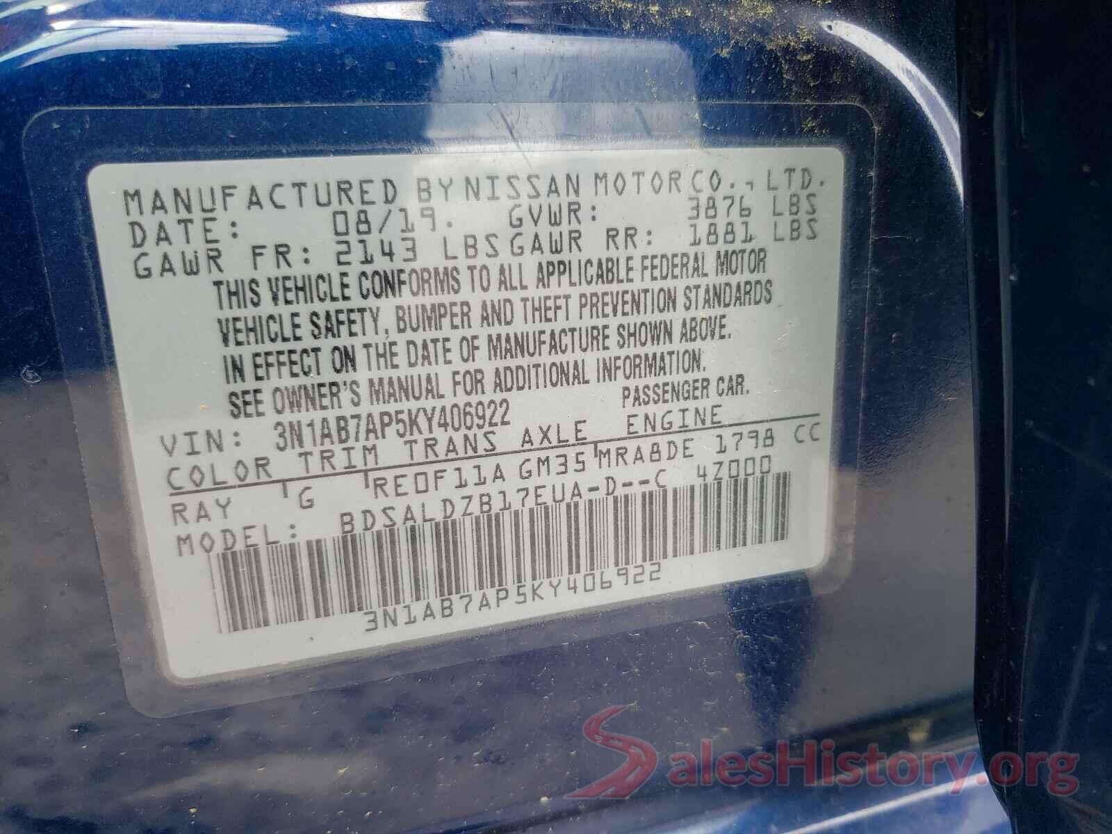 3N1AB7AP5KY406922 2019 NISSAN SENTRA