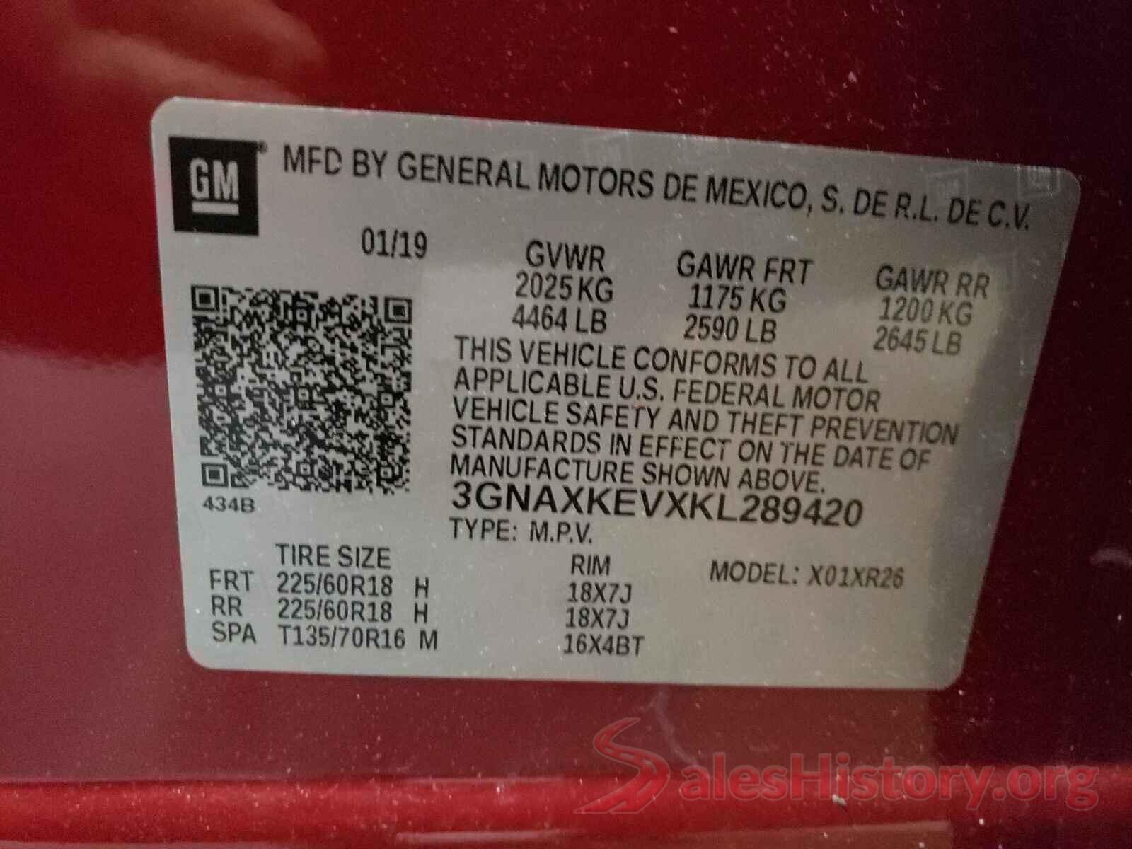 3GNAXKEVXKL289420 2019 CHEVROLET EQUINOX