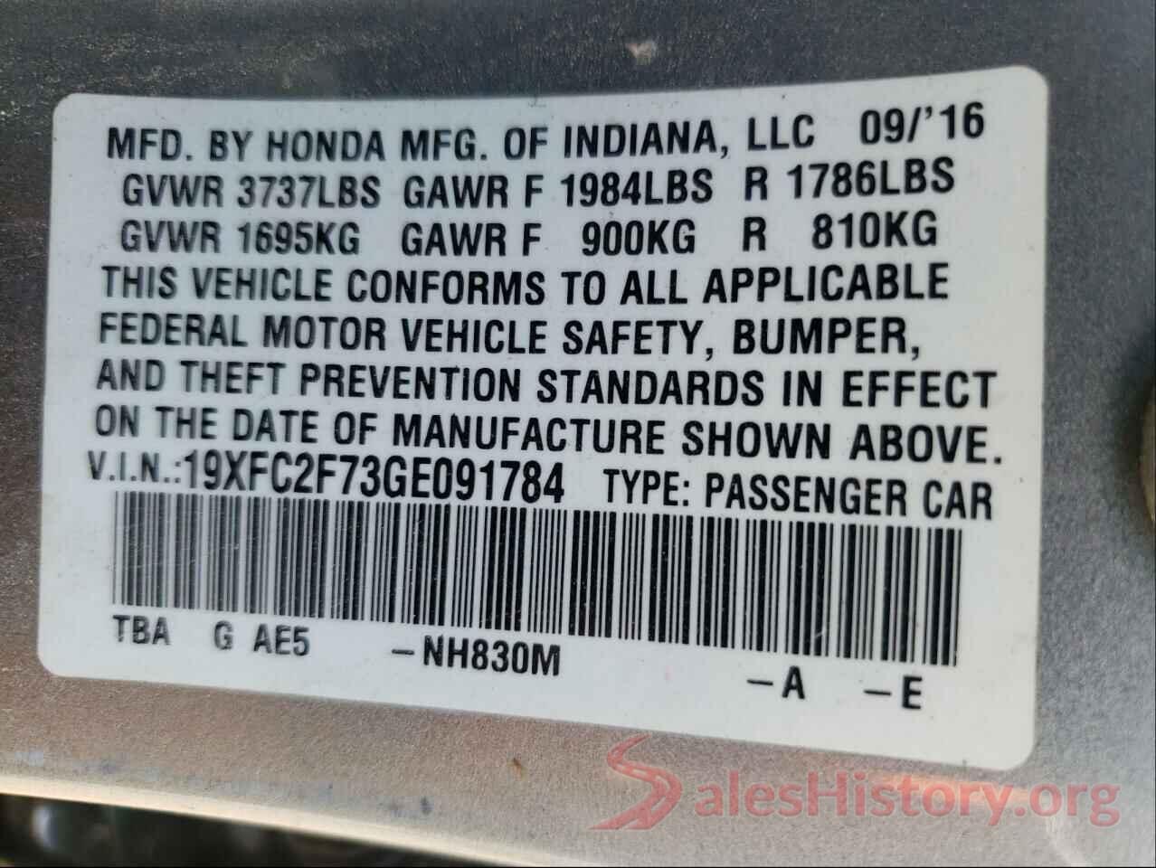 19XFC2F73GE091784 2016 HONDA CIVIC