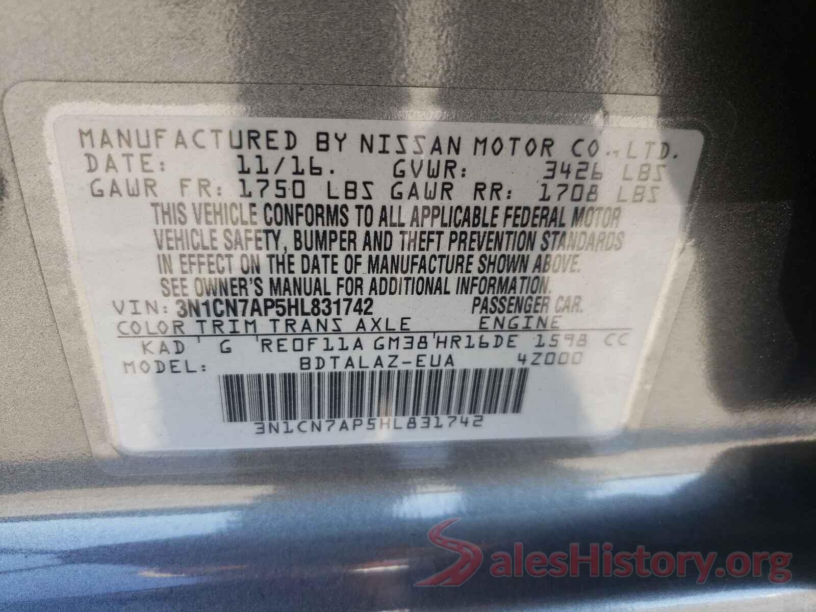 3N1CN7AP5HL831742 2017 NISSAN VERSA