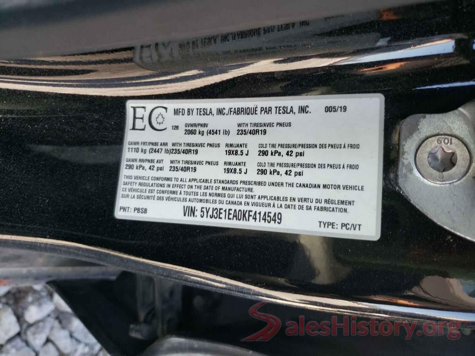 5YJ3E1EA0KF414549 2019 TESLA MODEL 3