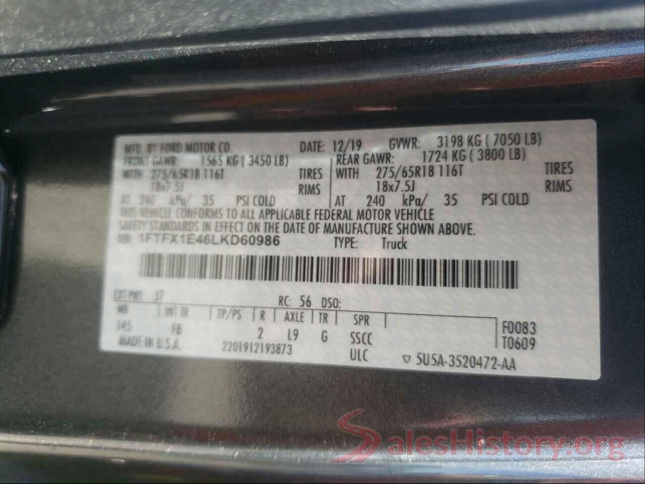 1FTFX1E46LKD60986 2020 FORD F-150