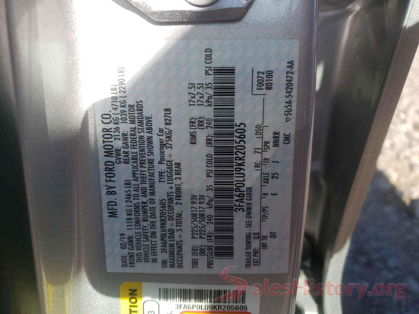 3FA6P0LU9KR205605 2019 FORD FUSION