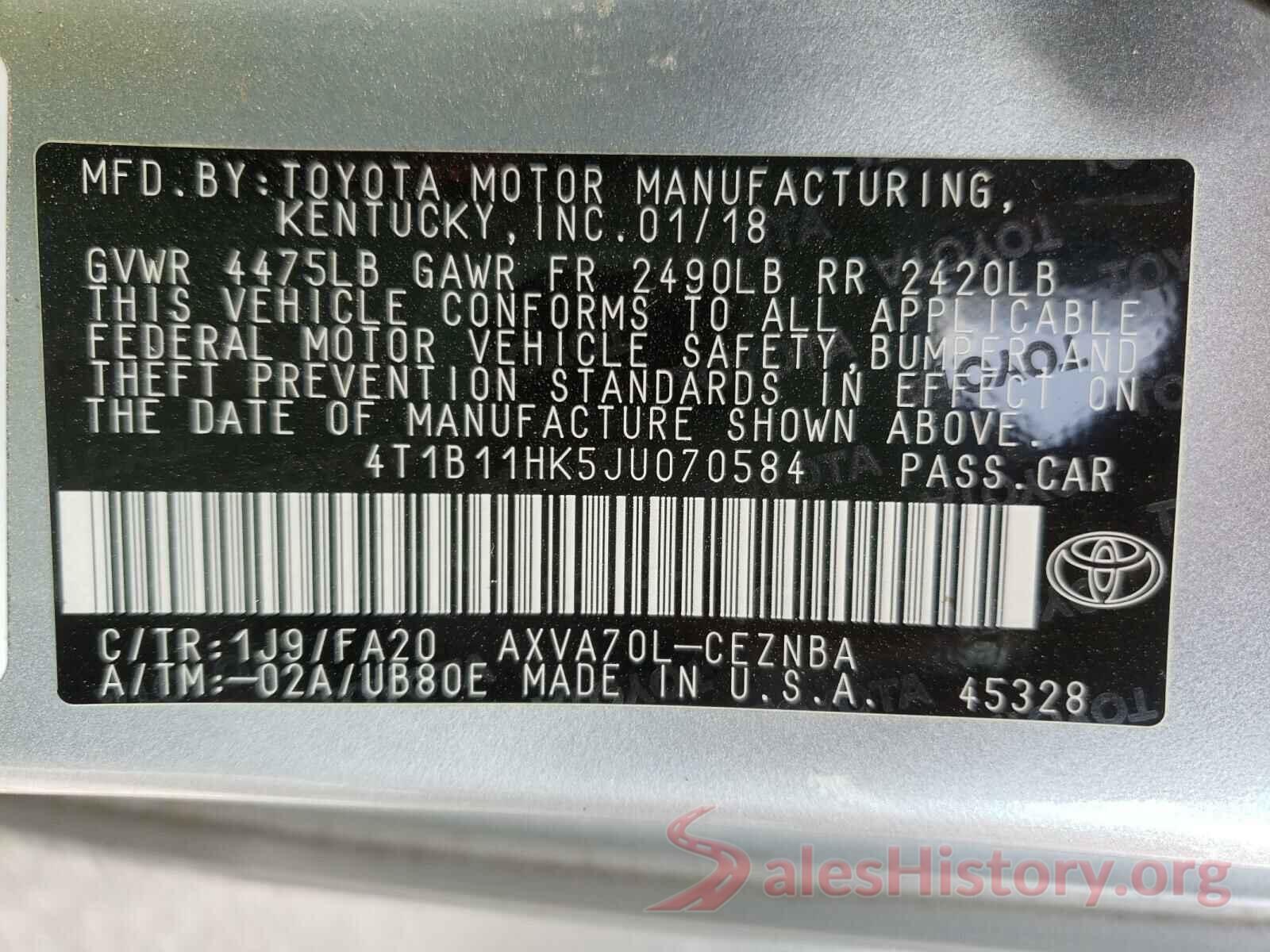 4T1B11HK5JU070584 2018 TOYOTA CAMRY