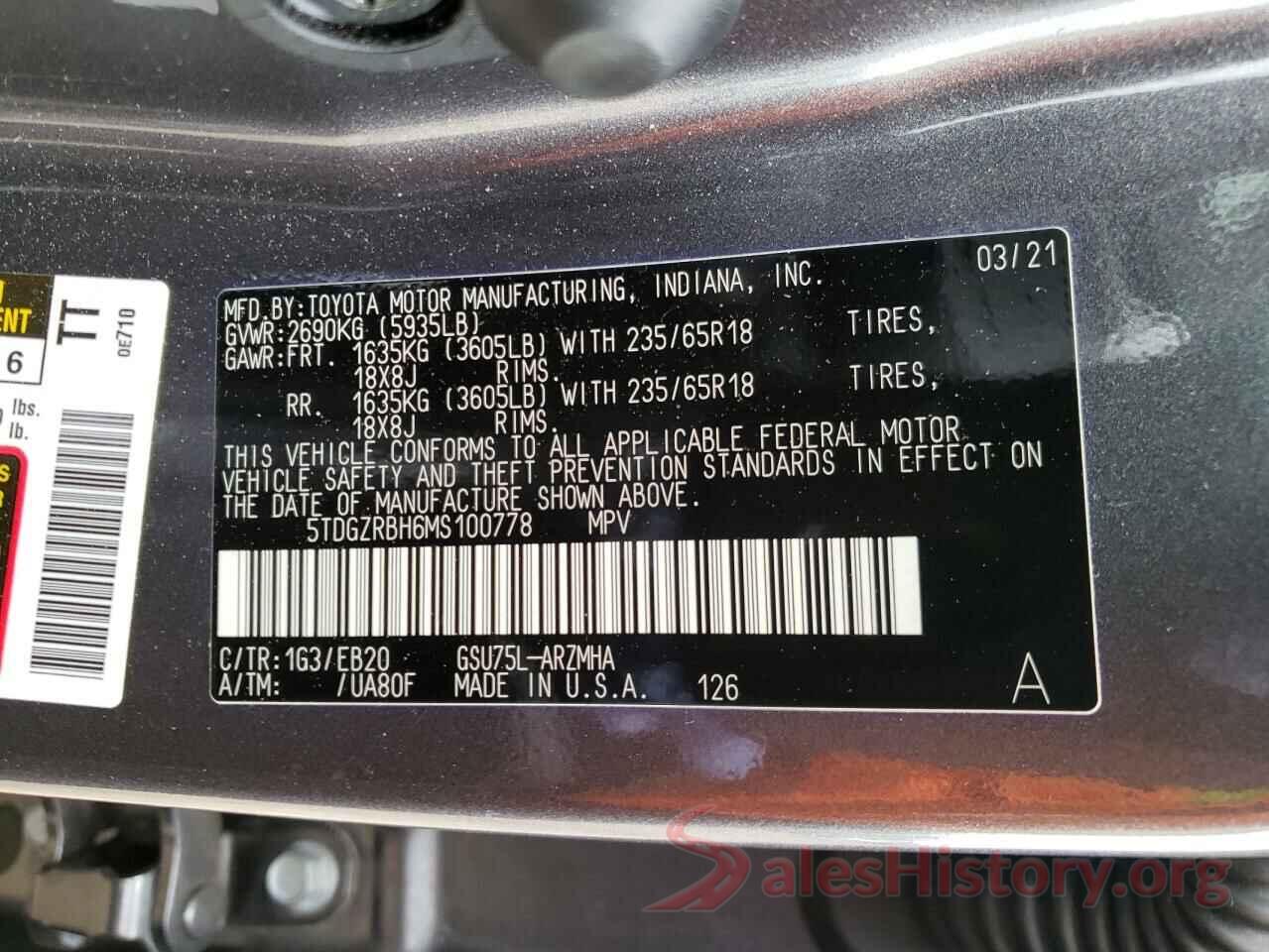 5TDGZRBH6MS100778 2021 TOYOTA HIGHLANDER