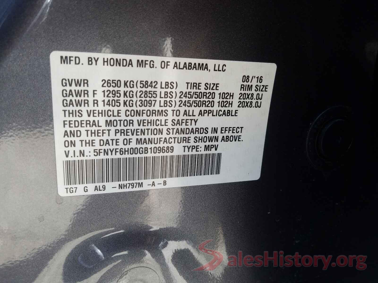 5FNYF6H00GB109689 2016 HONDA PILOT