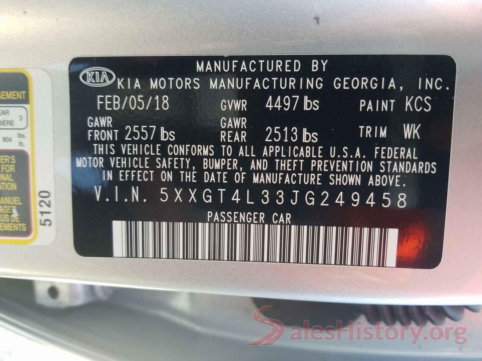 5XXGT4L33JG249458 2018 KIA OPTIMA