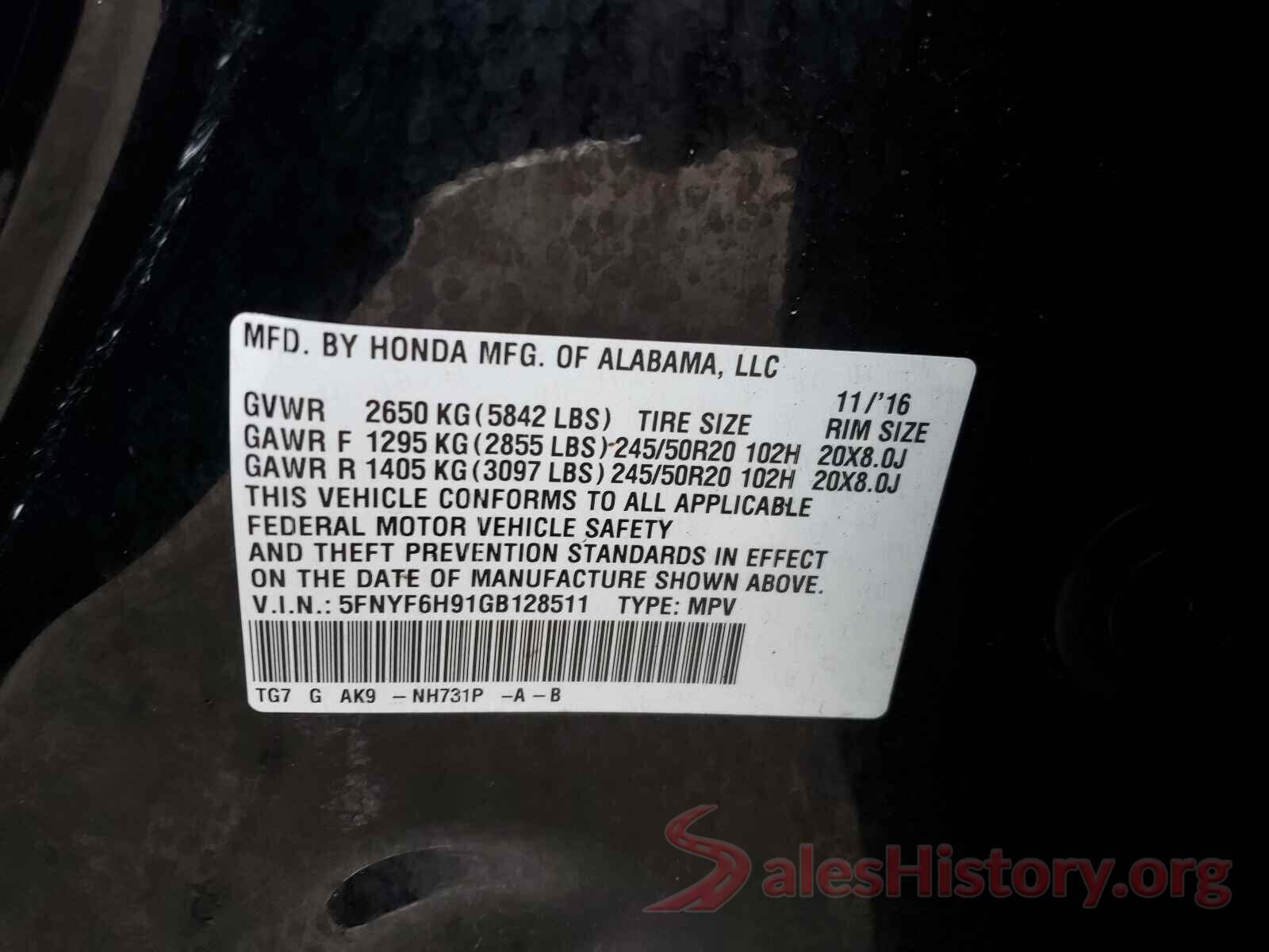 5FNYF6H91GB128511 2016 HONDA PILOT