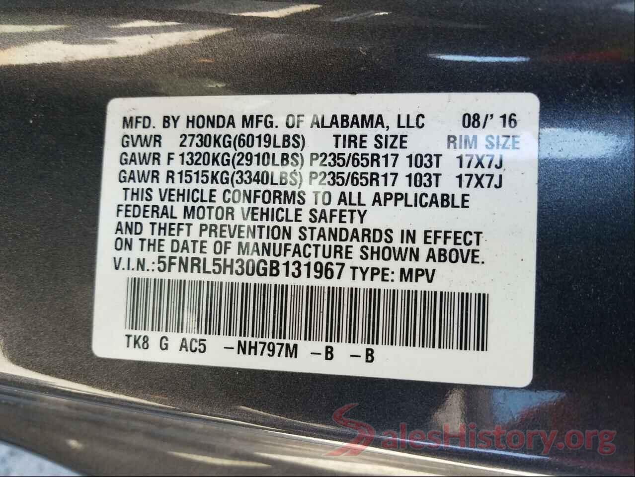 5FNRL5H30GB131967 2016 HONDA ODYSSEY