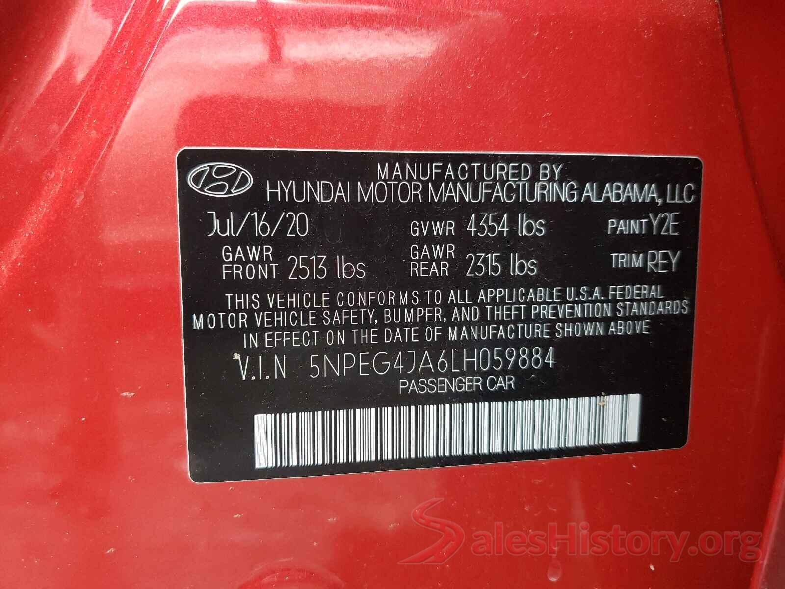 5NPEG4JA6LH059884 2020 HYUNDAI SONATA