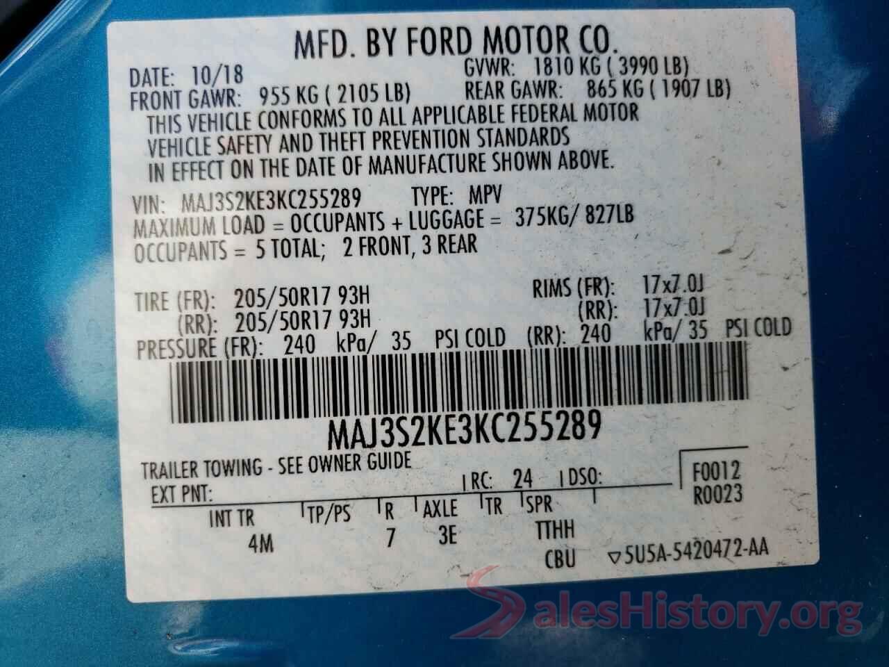 MAJ3S2KE3KC255289 2019 FORD ALL OTHER