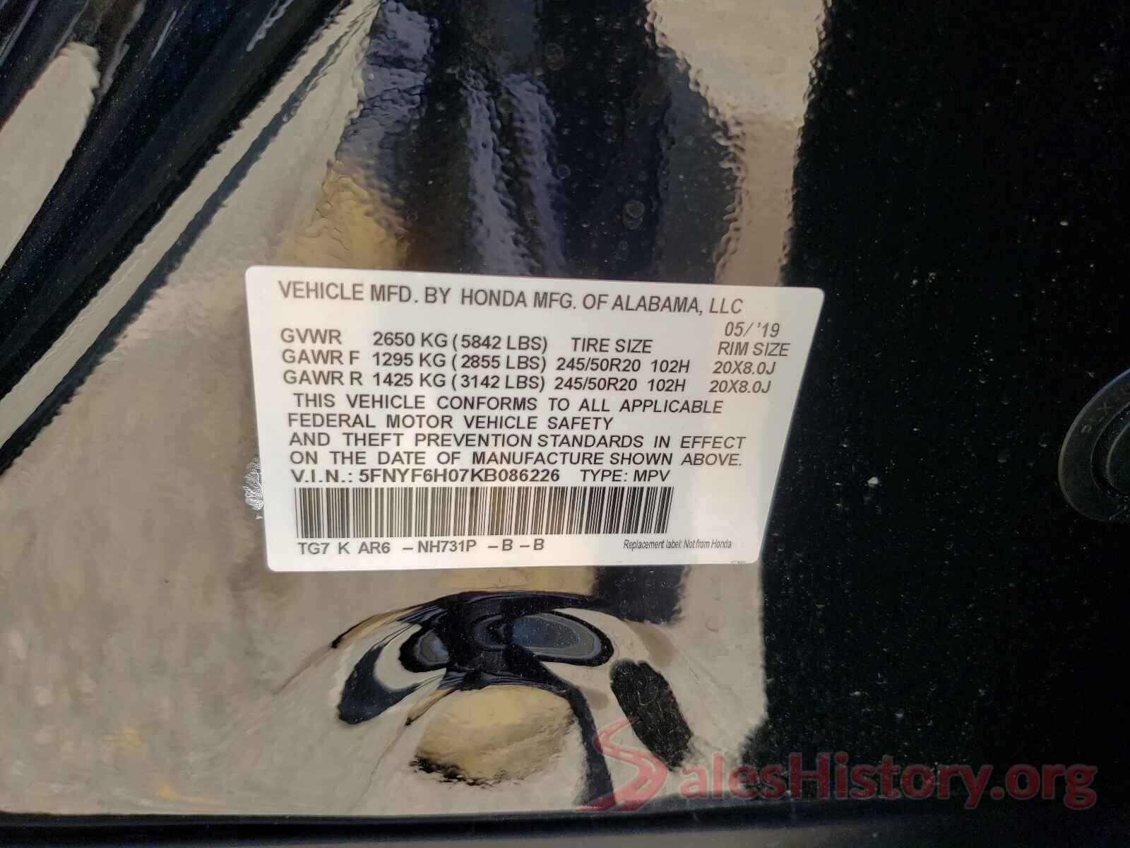 5FNYF6H07KB086226 2019 HONDA PILOT