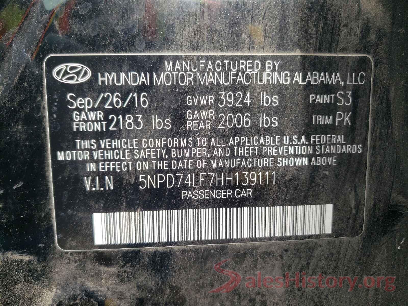 5NPD74LF7HH139111 2017 HYUNDAI ELANTRA